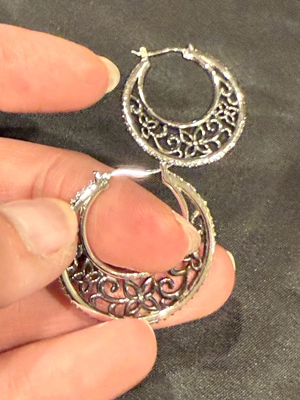 Vintage Style Silver Filigree Hoop Earrings Crystal Accents Boho Chic
